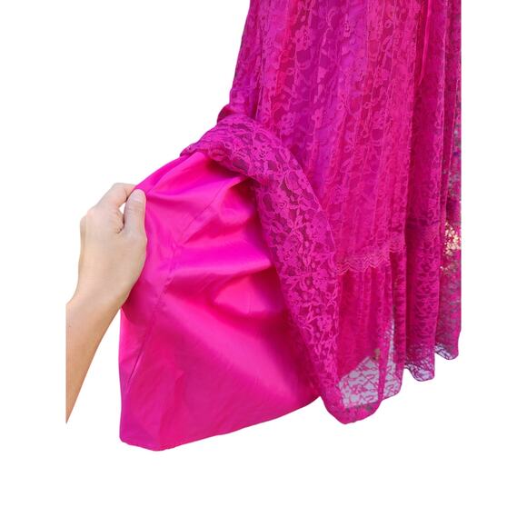 Vtg 60s 70s Union Made Barbie Hot Pink Empire Waist Lace Strappy Maxi Dress Sz S - Picture 7 of 8